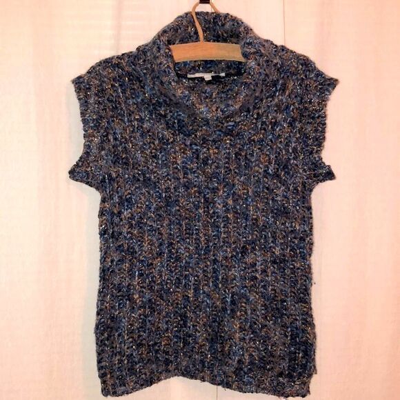 Bershka M Chunky Knit Cowl Neck Blue Rust Gold Metallic Sweater Vest - Picture 1 of 9